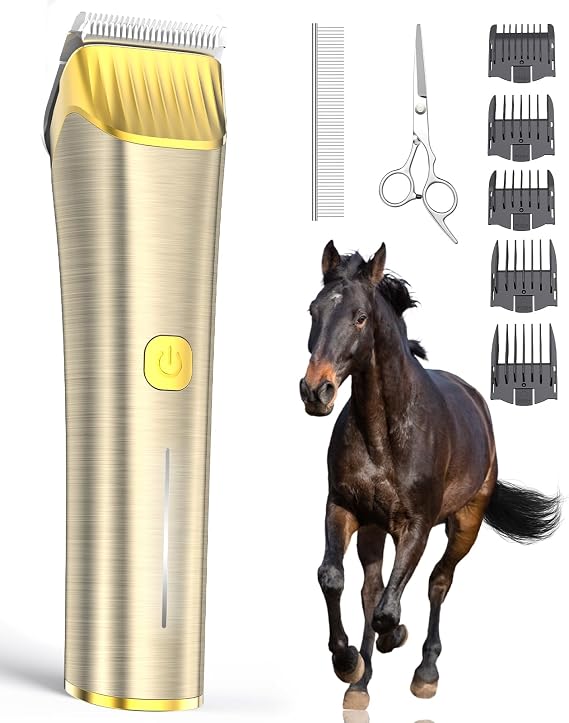 oneisall Professional Horse Clippers for All Coat Types | 7000RPM, 2 Speed, Detachable Metal Blade, Low Noise, 2000 mAh, Cordless, 5 Guide Combs, Grooming Kit with scissors/steel comb