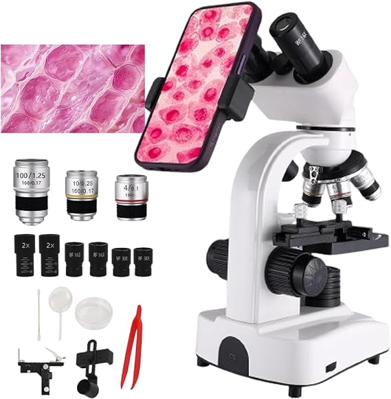 Microscope Kit For Adults,Kids And Students, 40x-2400x Magnification Binocular Compound Microscopes With Dual Led Lighting/Mobile Phone Holder/Caliper, For School Lab Home Education,White