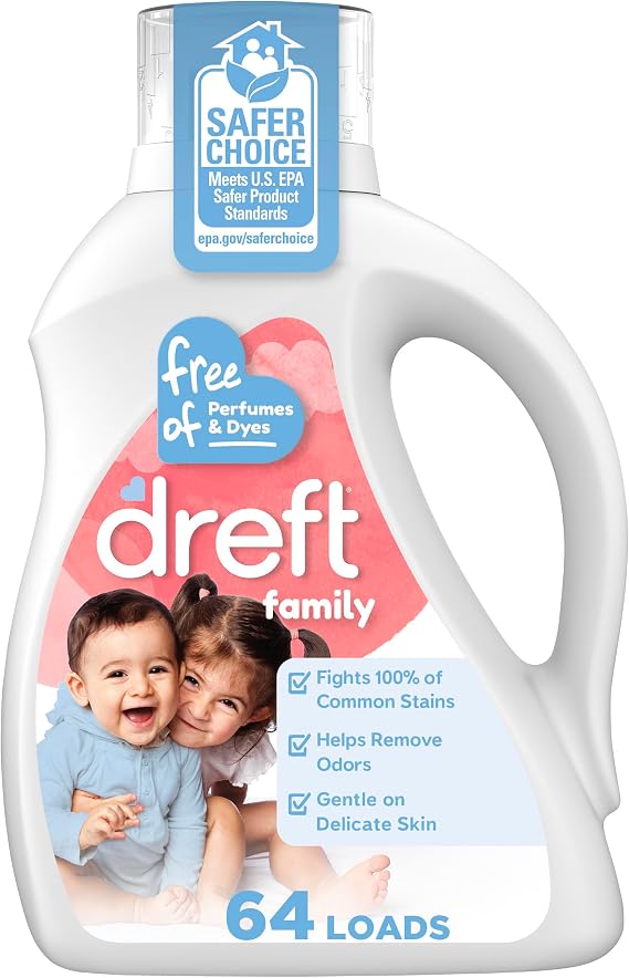 Dreft Family Liquid Laundry Detergent, Unscented Gentle on Sensitive Skin Laundry Soap, 84 fl oz, 64 Loads (Packaging May Vary)