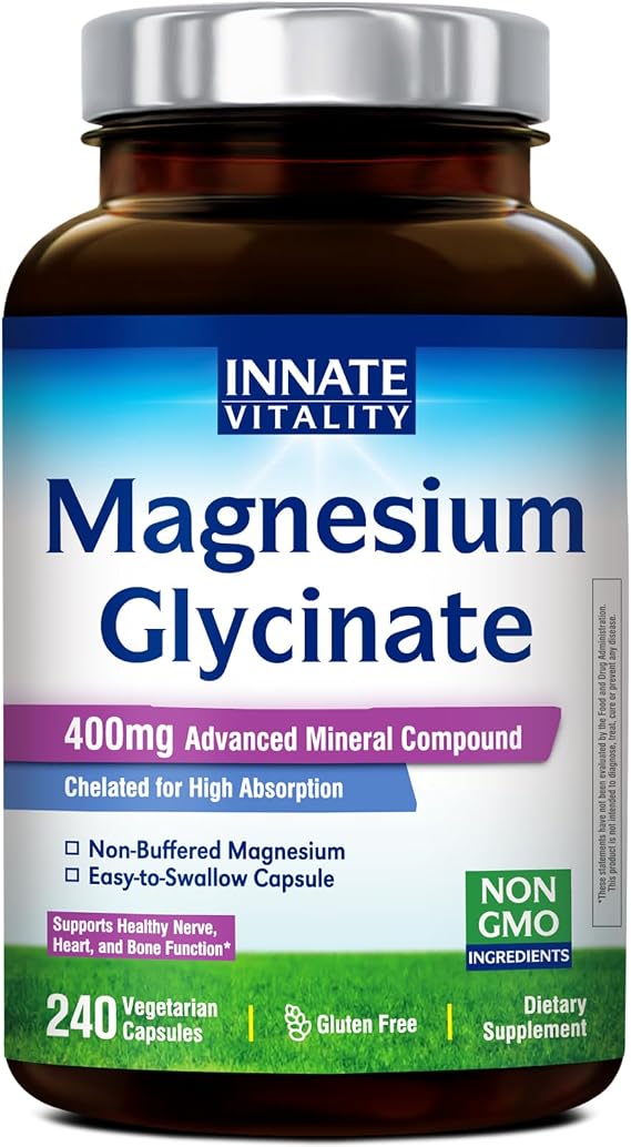 Innate Vitality Magnesium Glycinate 400mg, Non Buffered & High Absorption Magnesium Supplement for Sleep, Relaxation, Heart & Bone Health for Men & Women, Non-GMO, No Gluten, 240 Vegan Capsules