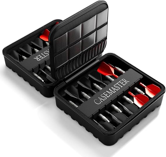 Casemaster Maxx 6 Dart Case, Holds 18 Steel Tip or Soft Tip Darts Fully Assembled, Hard Shell EVA Darts Case, 16 Accessory Pockets, Black