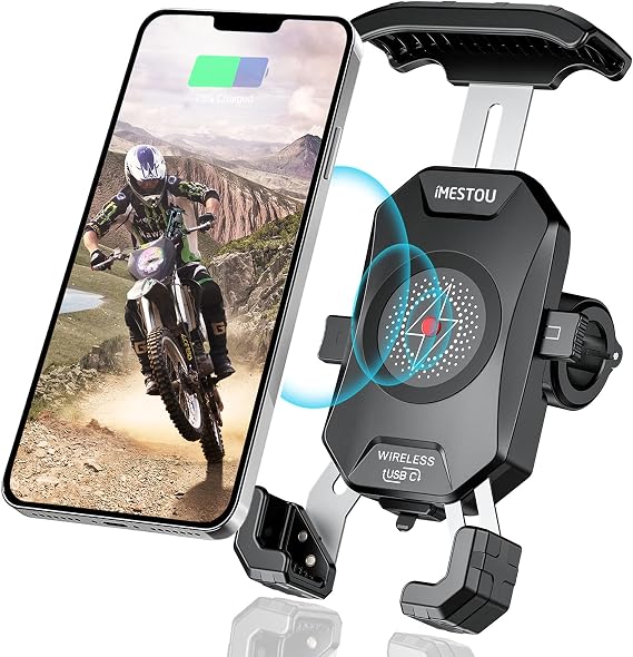 iMESTOU Motorcycle Wireless Phone Mount Charger Qi 15W & USB C 3.0A Charge Simultaneously by Plugging to 12V/24V Vehicle/USB A Socket with Aluminium Handlebar Base 360 Rotation for 4.0-7.0" Phones