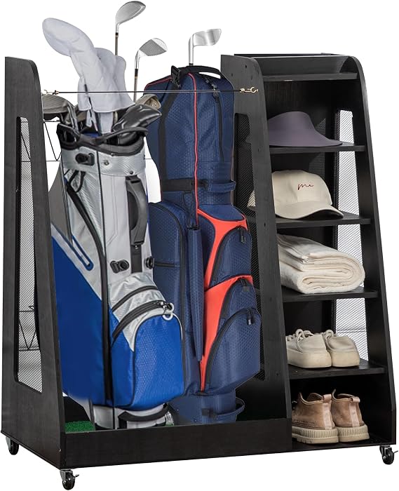 Golf Bag Organizer for Garage - Wooden Golf Storage Rack Holds 2 Golf Bags & Clubs with Wheels, Easy Assemble, Ideal for Golf Sports Equipment Organization