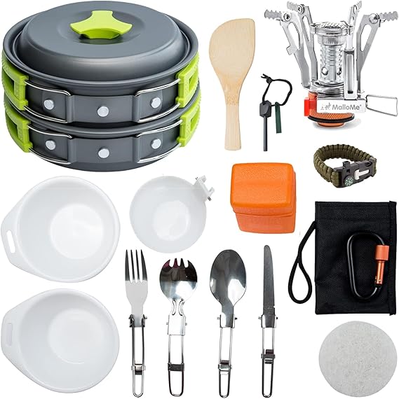 MalloMe Camping Cookware 18pc Mess Kit w/Backpacking Stove Camping Cooking Set for Backpacking Gear - Camping Pots and Pans Set w/Camping Pot Pan Stove Utensils Camp Kitchen Equipment Accessories