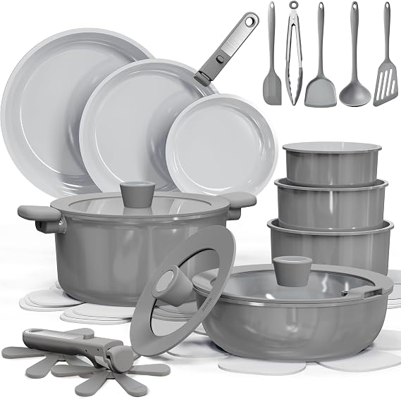 CAROTE 27pcs Ceramic Cookware Set, Pots and Pans Set with Detachable Handle