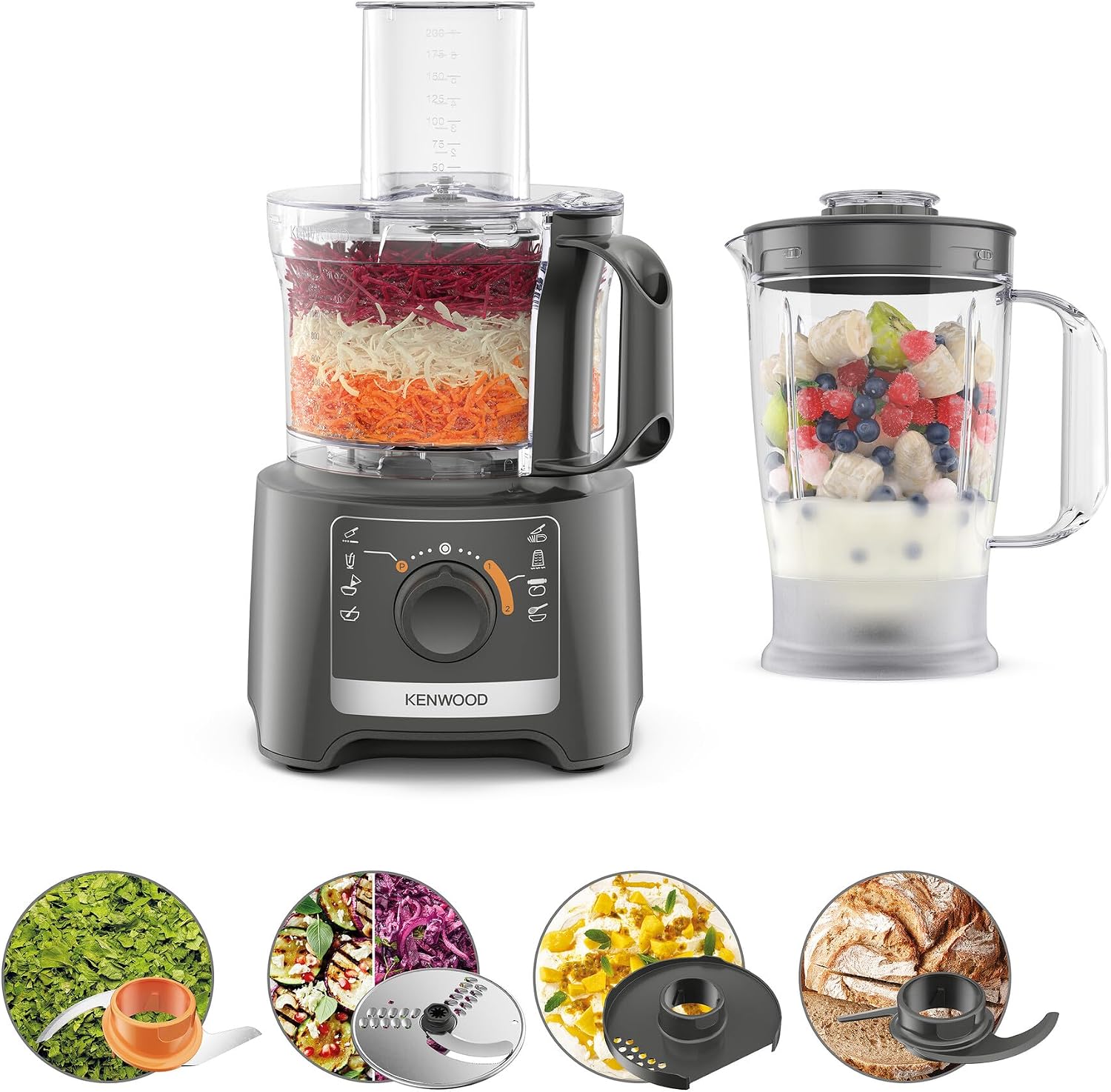 Kenwood MultiPro Compact FDP31.170GY, mutfak robotu, yoğurma fonksiyonu ve dilimleme diski, 1,2 l blender, 2 hız  darbe, 2,1 l kase, 800 W, gri