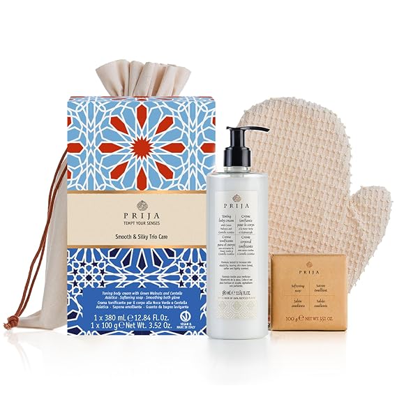 Prija Body Toning Gift Pack (Includes Toning Cream with Green Walnuts and Centella Asiatica, Softening Soap with Natural Glycerin, Smoothing Bath Glove in Natural Cotton) - Made in Italy | With Toning Body Cream 380ml, Softening Soap 100g and Smoothing Cotton Bath Glove. Vegan Luxurious Gift.