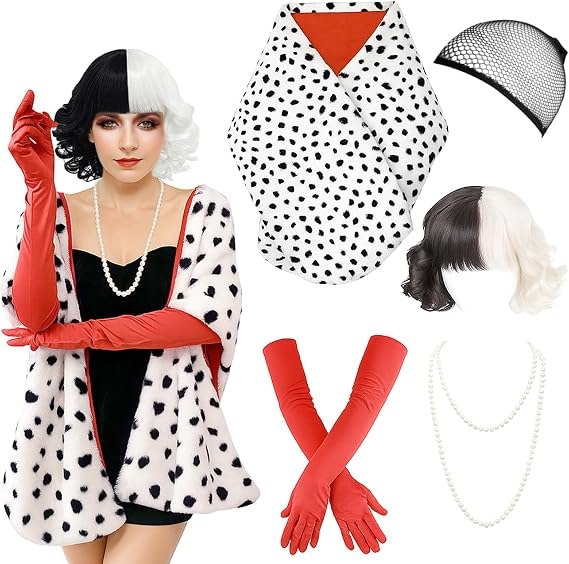 5PCS Halloween Costume Women, Dalmatian Costume Accessories with Dalmatian Shawl, Black and White Wig, 1920s Red Gloves, Women's Coat for Halloween Cosplay Party