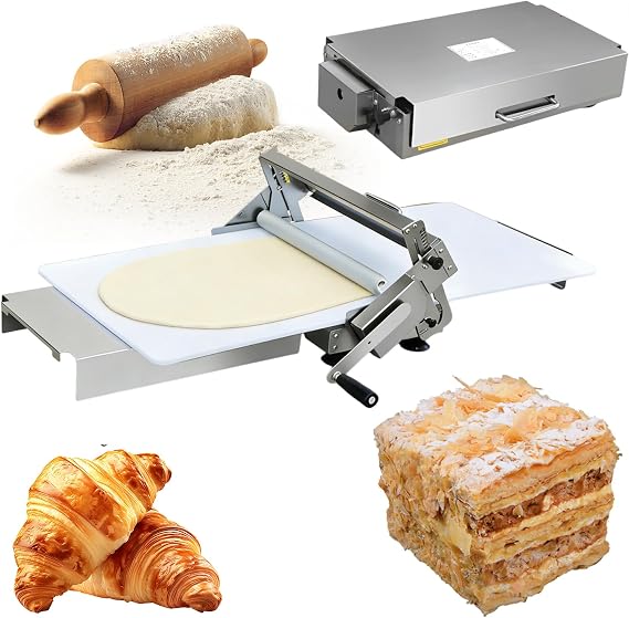 Hand Crank Manual Dough Sheeter Machine for Home & Small Bakery, 304 Stainless Steel Foldable Dough Roller Sheeter with 2–25mm Thickness Control for Croissants, Pasta Dough Large