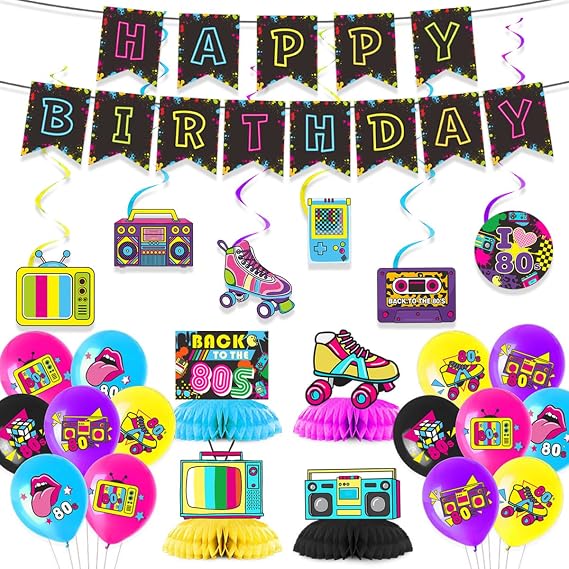 80s Themed Birthday Decorations, Retro Cute Happy Birthday Banner, Boy Girl Funny Party Supplies with Banner, Hanging Swirl, Honeycomb, Balloon