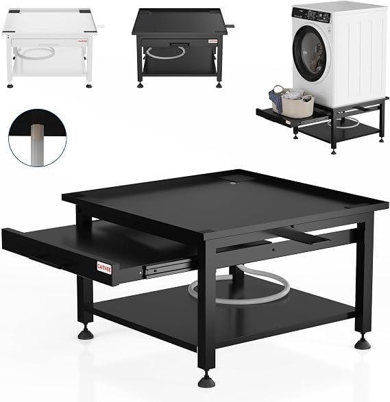 Garvee 27" Wide Washer and Dryer Pedestals with Pullout-Shelf, 16" Hight Laundry Pedestal with Adjustable Anti-Vibration Pads, Drain Pan and Hose, 1000 lbs Capacity, Black