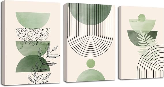 3 Panels Framed Sage Green Canvas Wall Art, Modern Aesthetic Green Plant Wall Art Boho Home Decor Poster Canvas Painting Wall Decor for Bedroom Living Room Office Ready to Hang 30cm x 40cmx3 Pcs