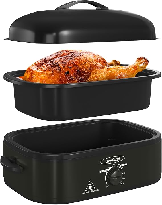 Sunvivi 14 Quart Roaster Oven, Electric Slow Cooker Roaster Oven with Self-Basting Lid, Turkey Roasters with Removable Pan and Rack, Stainless Steel, Black