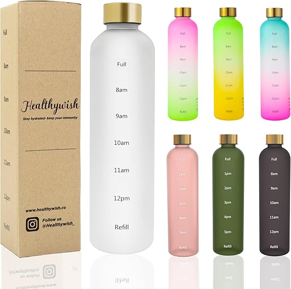 Water Bottle Tracker, 1 Liter | 32 Oz, Gold Lid, Motivational, Leak Proof, BPA Free, Cycling
