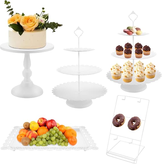 White Cake Stand Set, Dessert Table Display Metal Round Tiered Cupcake Holder Cookies Candy Donut Plate Table Serving Tower Tray Platter For Wedding, Celebration, Party, Birthday (5 Pack)