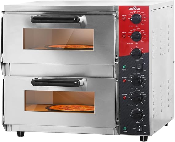 CROSSON ETL listed Commercial Double Deck 16 inch Countertop Electric Pizza Oven with pizza stone, Multipurpose Indoor Pizza oven for Restaurant use,120V/3600W