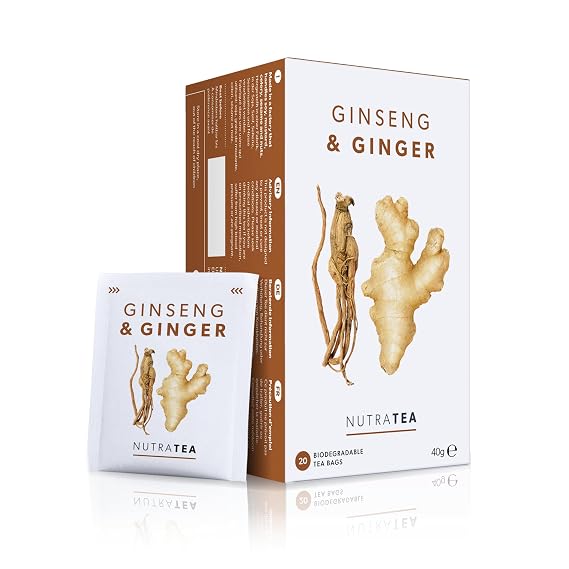 Nutra Tea Ginger & Ginseng Tea | Ginger Tea - 50% Ginger & 50% Ginseng Herbal Infusion - Caffeine Free, Natural Herbal Blend - 20 Individually Wrapped, Reusable Tea Bags (1 Pack)