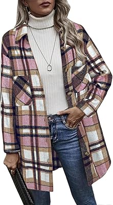 HOTOUCH Womens Flannel Plaid Shacket Jacket Casual Lapel Button Down Tartan Trench Coat Long Sleeve Shirts with Pockets