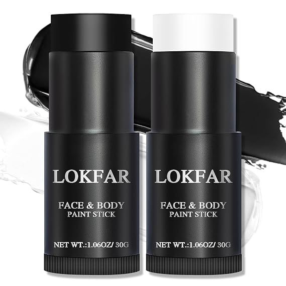 LOKFAR Black and White Face Body Paint Stick, White Foundation Makeup, Eye Black Stick for Sports, Professional Halloween Face Makeup Kit for Mime Zombie Clown Vampire Skeleton Skull Joker Costume