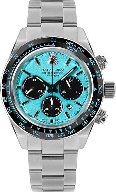 TACTICAL FROG Watch for Men 41mm Panda Chronograph VS75A Solar Quartz Movement Watches Sapphire C3 Luminous 200M Waterproof