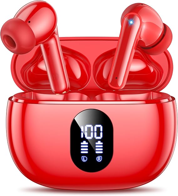 Wireless Earbuds Deep Bass Sound Ear Buds, Bluetooth 5.3 Headphones 48H Playtime, LED Display Earphones with Mic, IPX7 Waterproof Lightweight in-Ear Buds, Touch Control for iPhone TV Laptop Red