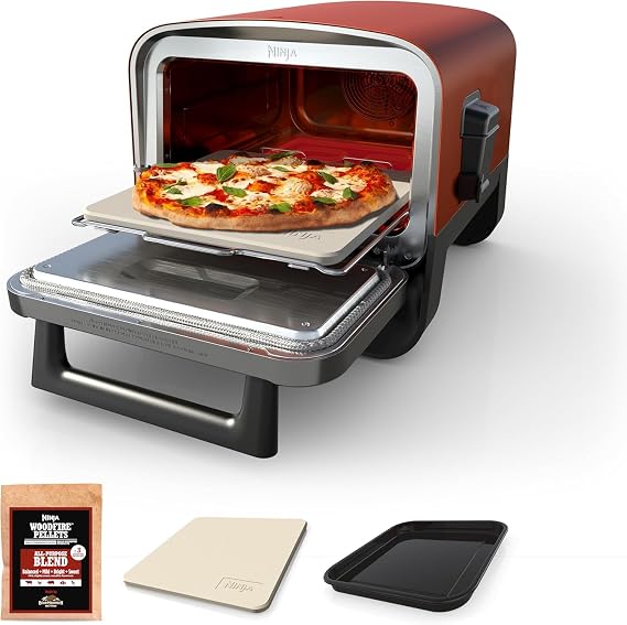Ninja Woodfire Outdoor Pizza Oven, 5-in-1 Portable Electric Roaster Oven, Heats up to 700F, 5 Artisan Pizza Settings, Integrated BBQ Smoker Box, Includes Flavored Wood Pellets, Terracotta Red