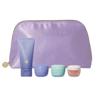 Tatchas Travel Essentials Set - Trial-Size Bestselling Japanese Skincare - Travel Bag with a Mini Rice Wash, Dewy Skin Cream, Water Cream, and Kissu Lip Mask - TSA Friendly Kit & Gift Set