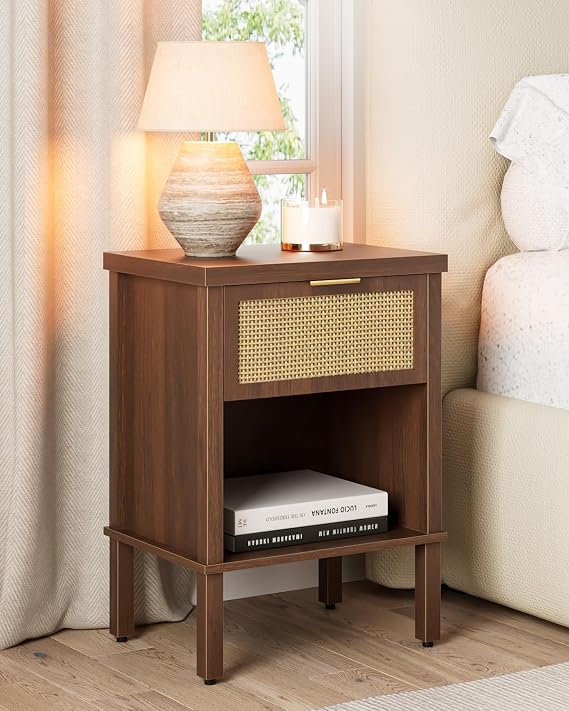 Rattan Bedside Table, Side Table with Open Storage Shelf, Walnut | Bedside Tables with Drawer, Modern Boho Nightstand for Bedroom, Living Room and Small Spaces, 38x28x55CM