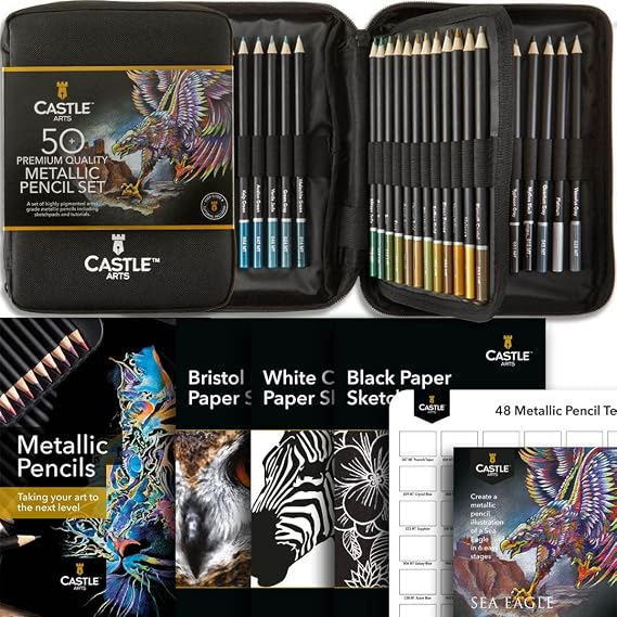 Castle Art Supplies 48 Metallic Colored Pencils for Adults - with Extras | Shimmering wax cores for professionals, adult artists, and colorists - carry-anywhere zipper case with bonus extras