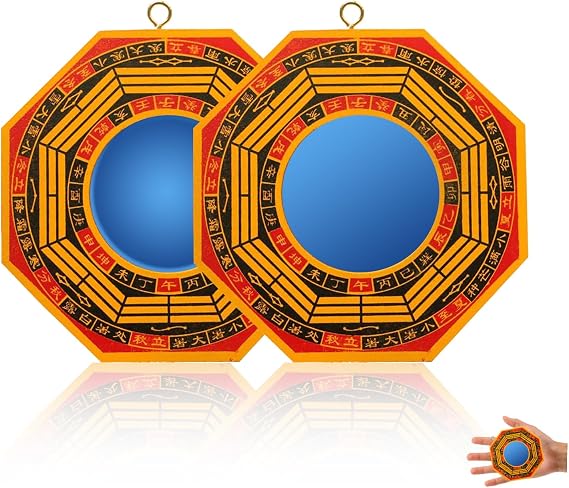NIIIYTYB 2Pcs Bagua Mirror for Feng Shui 4 Inch Outdoor Protection Mirrors with Flat and Linked Palms Design Stone Inspired Concave Convex Bagua Mirror for Active and Passive Energy Protection