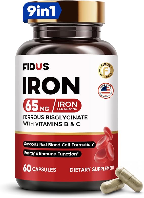 Fidus Gentle Iron Supplement for Women & Men | 65mg Iron (Iron Bisglycinate 350mg) with Vitamin C, B Vitamins, Zinc & Copper | Vegan | Made in USA | 60 Capsules
