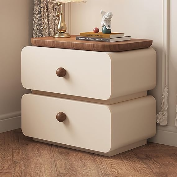 Wood Bedside Table, Mid Century Modern Night Stands with 2 Drawers and Silent slides, Fully Assembled, Side Table Storage Cabinet with Rounded handles for Bedroom, Living Room(50cm)