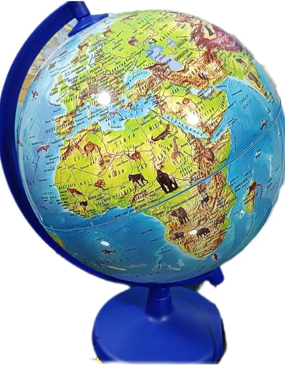 Dünya Küresi Işıksız Hayvan Figürlü 20 Cm Çap,31 Cm Yükseklik Eğitici Dekoratif Yer Küre Atlas, Mavi
