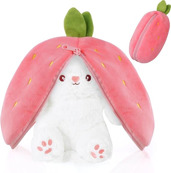 OSDUE Rabbit Plush Toy, 25cm Reversible Bunny Carrot Strawberry Pillow with Zipper, Strawberry Plush Cute Bunny Plushie Toy for Girls Boys Easter Children's Day and Birthday Gifts - Ideal Fluffy Gift