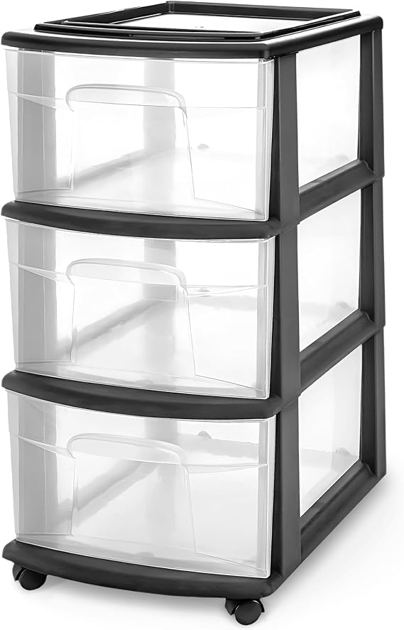 HOMZ Drawer Tower, 3-Tier Storage Cart with Removable Wheels, Black Frame