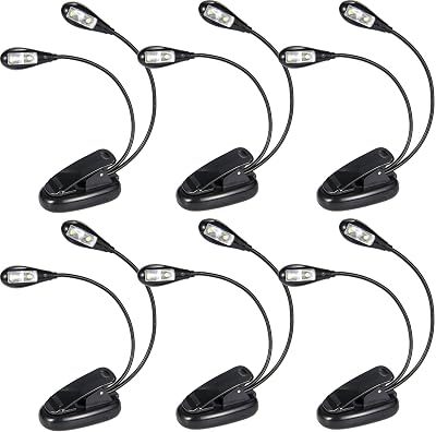 6Pack Book Lights Music Stand Light Clip on LED, USB and AAA Battery Operated, Reading Lamp in Bed, 2 Brightness Levels, Ideal for Musician, Piano Player, Travel Dual Arm Black