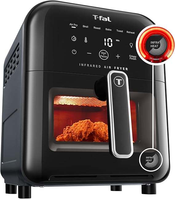 T-fal Infrared Air Fryer, 2x Faster Than Traditional Heating*, Large Air Fryer Toaster Oven Combo, 6 Qt Digital Touch Screen, 7-in-1 Cooking Functions, No-Shake Technology, 1550W, Black,