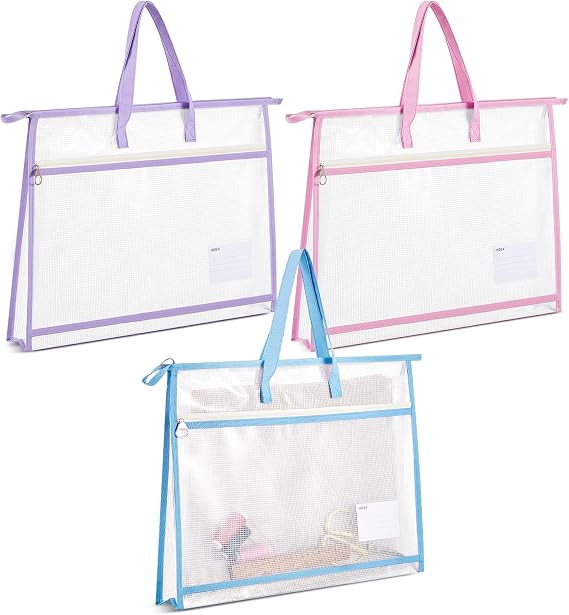3 Pcs 17.713 Inch Project Bag for Quilting Sewing Craft Storage for Quilter A3 Clear Mesh Art Bag Artwork Storage Organize for Artwork Charts Teaching Material Multipurpose(Classic Colors)