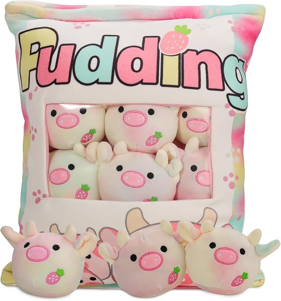 HXPLN Cute Snack Pillow Stuffed Animal Toys, Kawaii Cow Plush Pillow Removable Pudding Pillow Cushion with Cow Plush Dolls, Birthday Creative Gift for