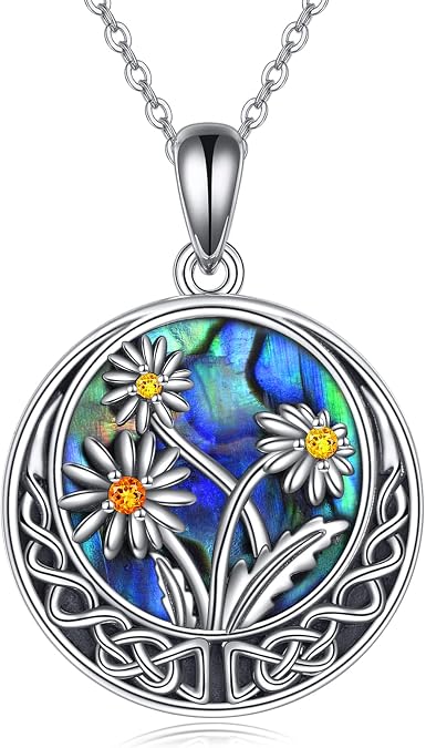 DAYLINLOVE Birth Flower Necklace 925 Sterling Silver Celtic Knot Birth Month Flower Necklace with Abalone Shell Anniversary Birthday Jewelry Gift for Women Her