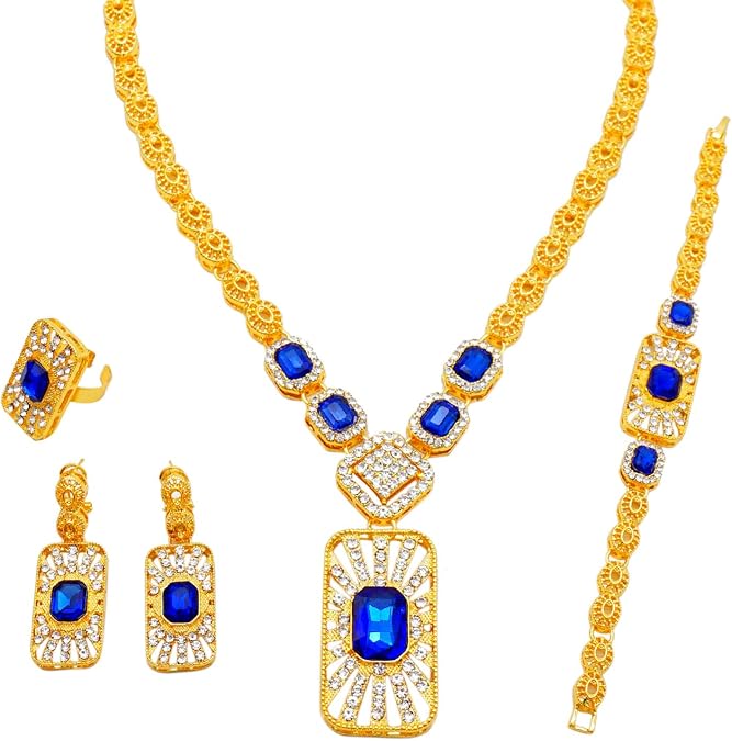 Luxury Gold-Plated Crystal Jewelry Set with Blue Gemstones, Necklace 16.73", Bracelet 7.87", Earrings and Ring, 4 Piece Set