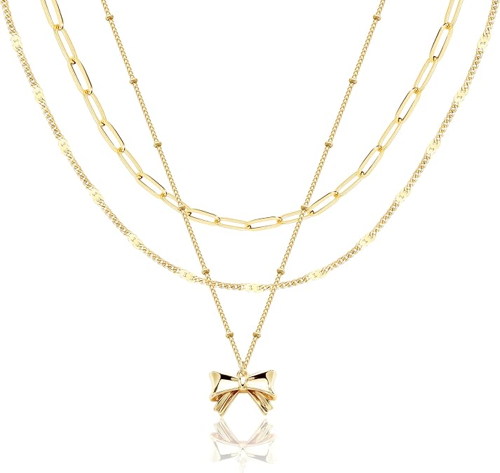 Poxtex Layered Gold Necklaces for Women, Stackable Dainty 14K Gold Silver Plated Trendy Simple Heart Diamond Cross Bow Circle Pendant Paperclip Choker Dot Chain Necklace,Jewelry Set Gifts for Women