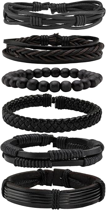 MILAKOO 6 Pcs Punk Braided Leather Bracelets for Men Women Cuff Wrap Wristbands Adjustable
