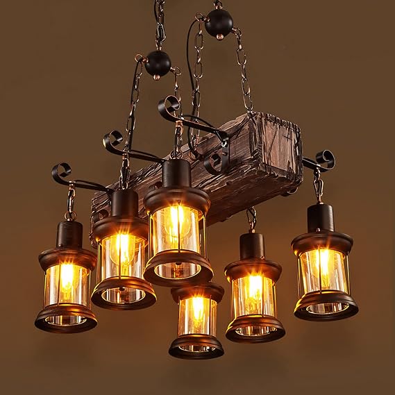 LightInTheBox 6-Lights Retro Farmhouse Chandelier, Industrial Wood Beam Pendant Light Metal Glass Lampshade Hanging Lighting Fixture for Kitchen Island Pool Table Bar
