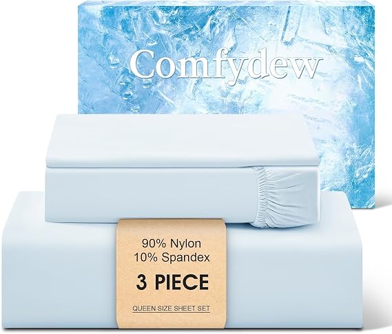 Cooling Sheet Queen Size Set 3 Pieces, Double-Sided Cooling Bed Sheets for Hot Sleepers & Night Sweats, Ultra Stretchy Deep Pocket Fitted Sheet Fits Up to 18", with 1 Pillowcases, Blue