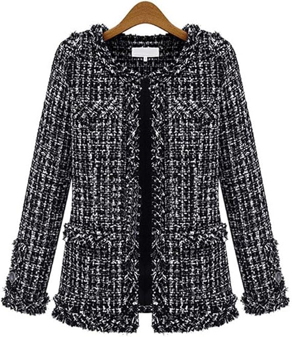 ebossy Women's Elegant Open Front Round Neck Fringed Plaid Tweed Jacket