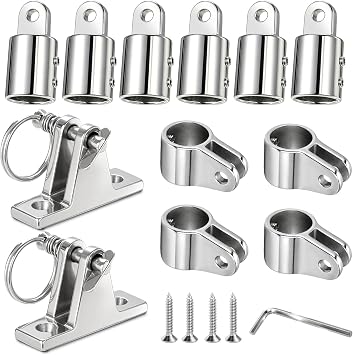 Bimini Top Hardware Include 6 Eye End Cap, 4 Jaw Slides and 2 Deck Hinge with Pin and Ring, 304 Stainless Steel Boat Bimini Top Parts, Fits 78 OD Round Tube with L Shape Hex Key 12 PCS