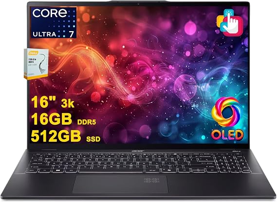 Acer Swift 16 AI PC Laptop | 16" 3k OLED Touch 100% DCI-P3 | Intel 8-core Ultra 7 Series 2 256V Up to 47 Tops | 16GB DDR5 512GB SSD | Backlit Fingerprint QHD IR Camera Win11 w/DLCA Accessory