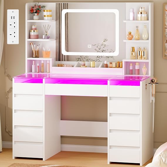 Dressing Table with Mirror and RGB Light, Transparent Glass Top | Makeup Desk with Power Outlet, Modern Vanity Desk with 11 Drawers and 6 Shelves, Vanity Table for Bedroom White YXFST001W