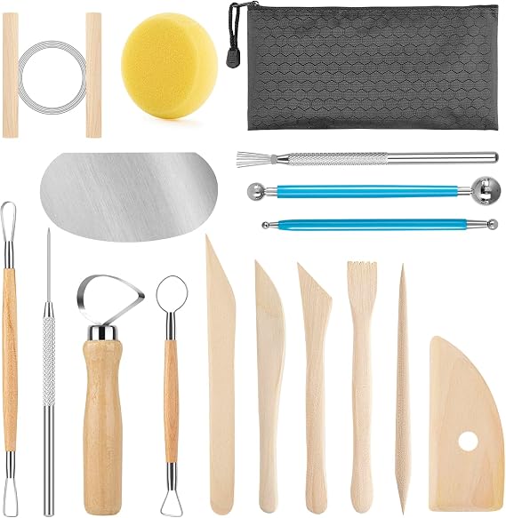 KACOLA Pottery Tool Kit, 17pcs Polymer Clay Tools, Modeling Clay Sculpting Tools Kit, Ceramics Tools, Trimming, Embossing Pattern, Smooth Wooden Handles